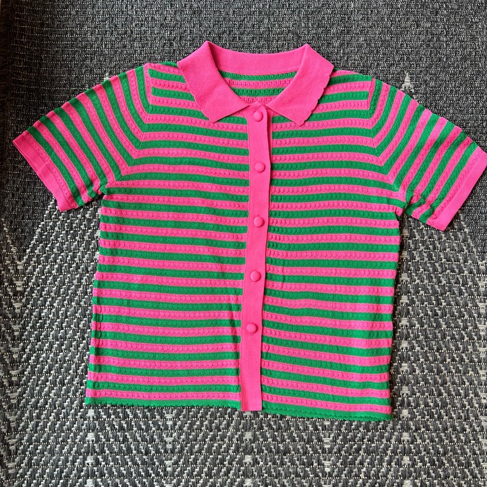 NEW Green and Pink stripes preppy button up polo shirt Top collar sz S Amazon